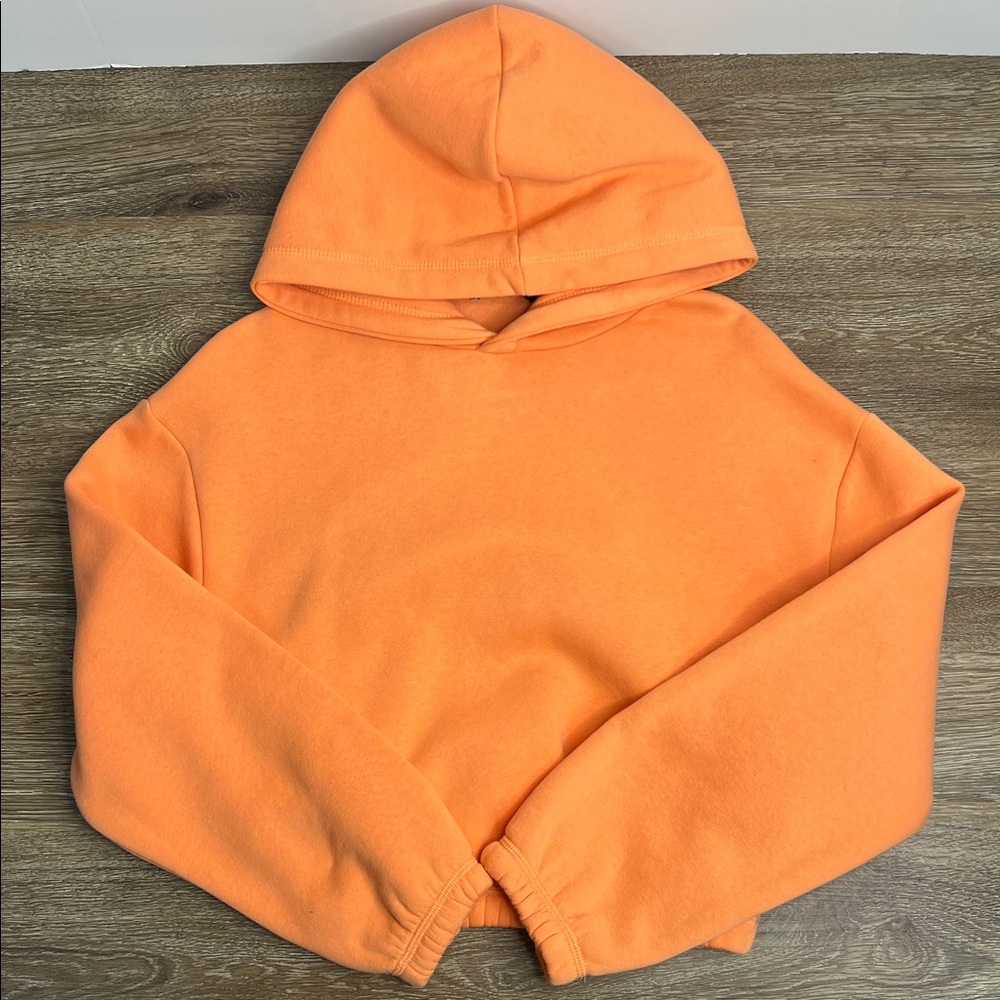 ZARA Cropped Hoodie Orange Fleece Pullover Sweatshirt Size S
